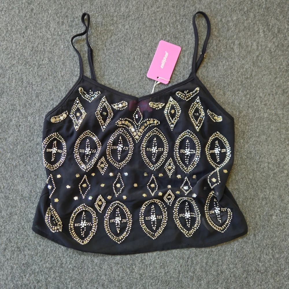 New Edikted Y2K Cami Crop Top S Black Sequin Beaded Euphoria NYE Party Club Rave